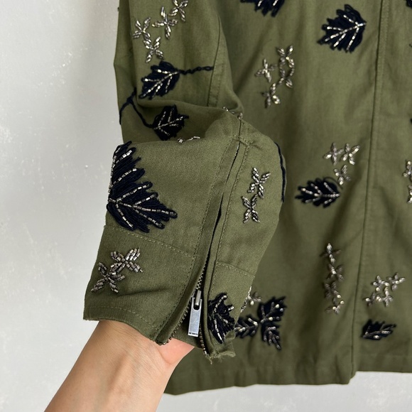 The Kooples women size M leaf embroidered jacket green 100% cotton beaded - Picture 9 of 15